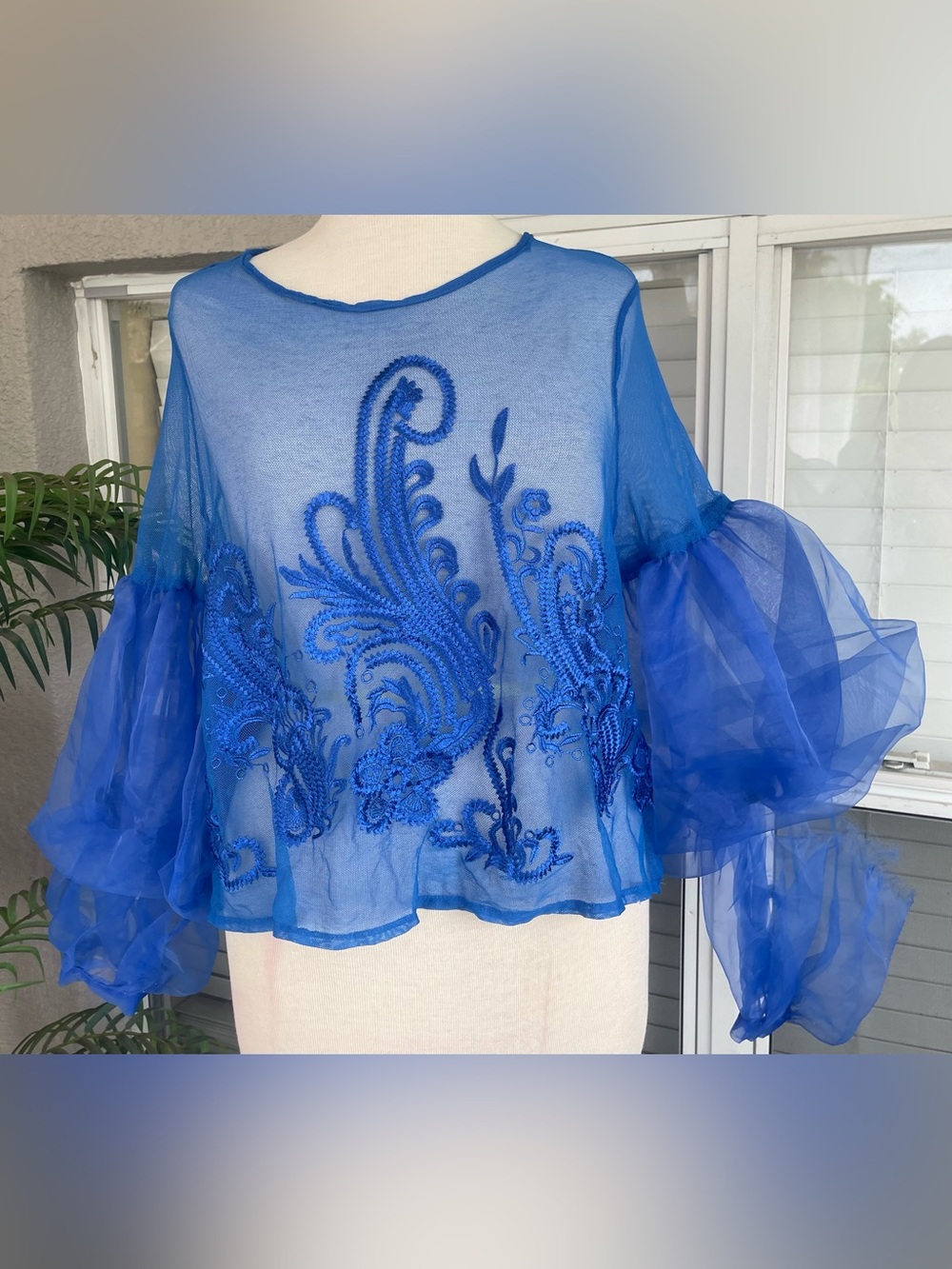 Sheer Royal Blue Embroidered Puff-Sleeve Blouse